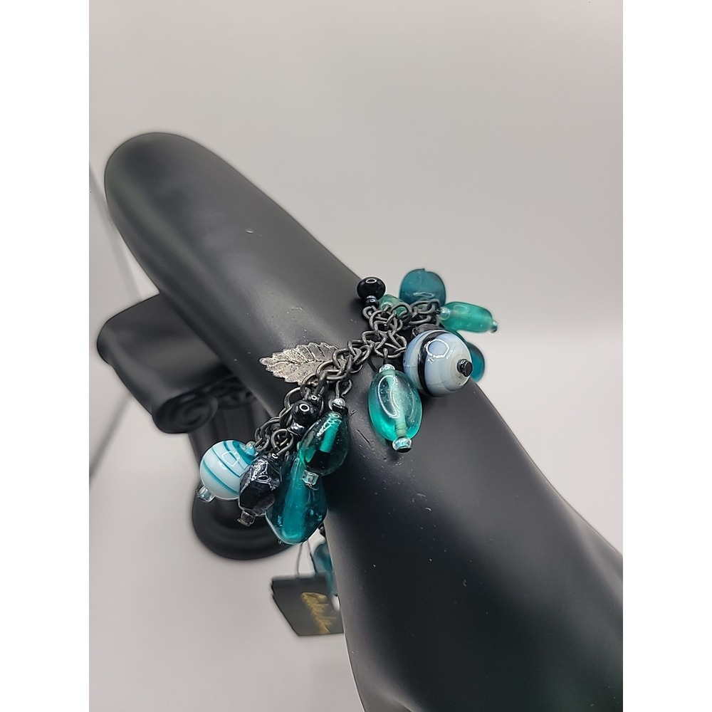 Cookie Lee Signed Vintage Teal Aqua Glass Bead Toggle Charm Bracelet Chunky